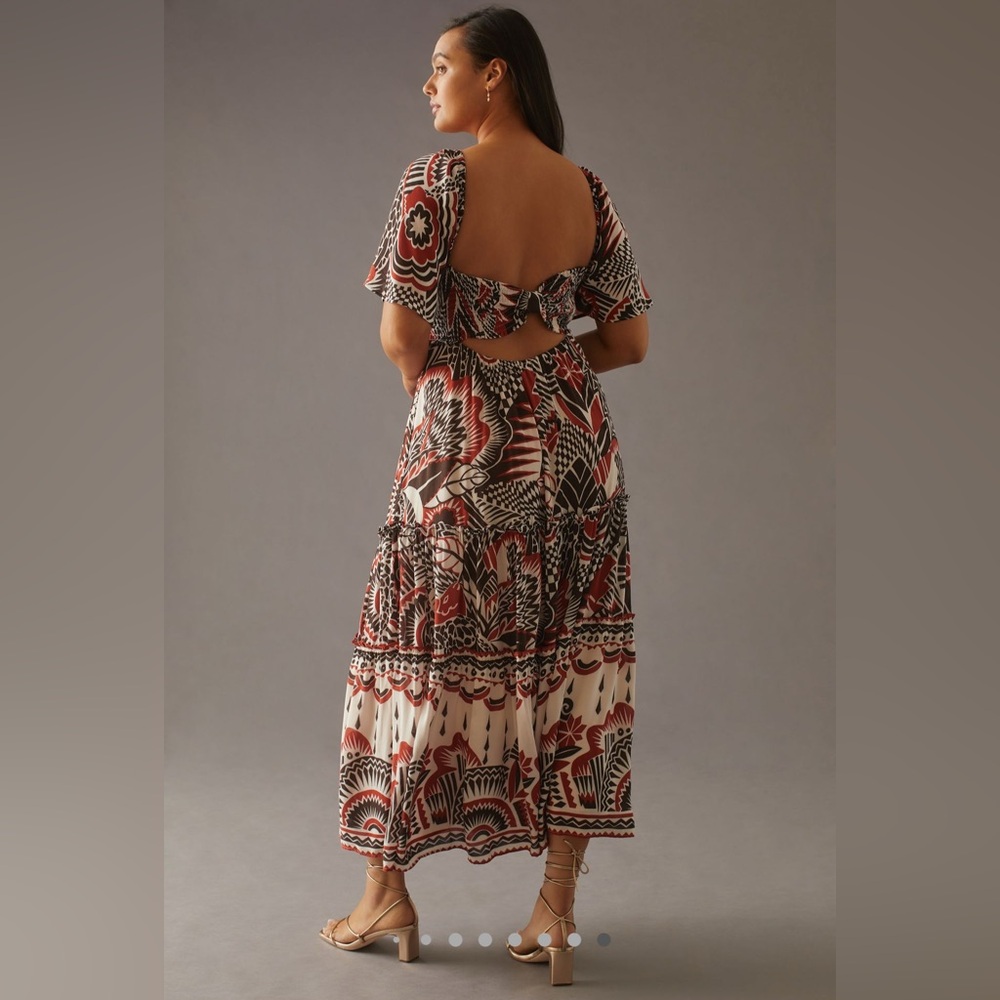 By Anthropologie XL Tiered Maxi Dress Red Pattern Short Sleeve V-Neck‎ Buttons - Picture 2 of 15